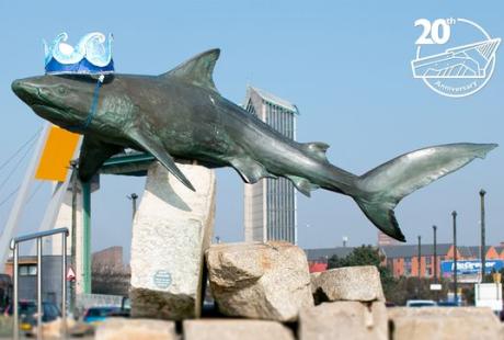 Shark statue wearing a hat with Deep birthday logo