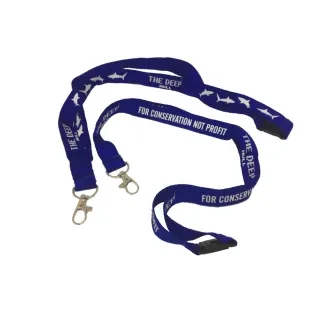 The Deep's eco blue with white writing lanyard with silver clip.