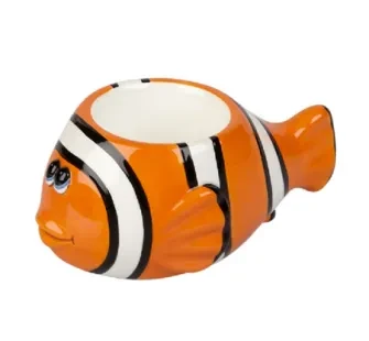 Orange, black and white eggcup in shape of clownfish